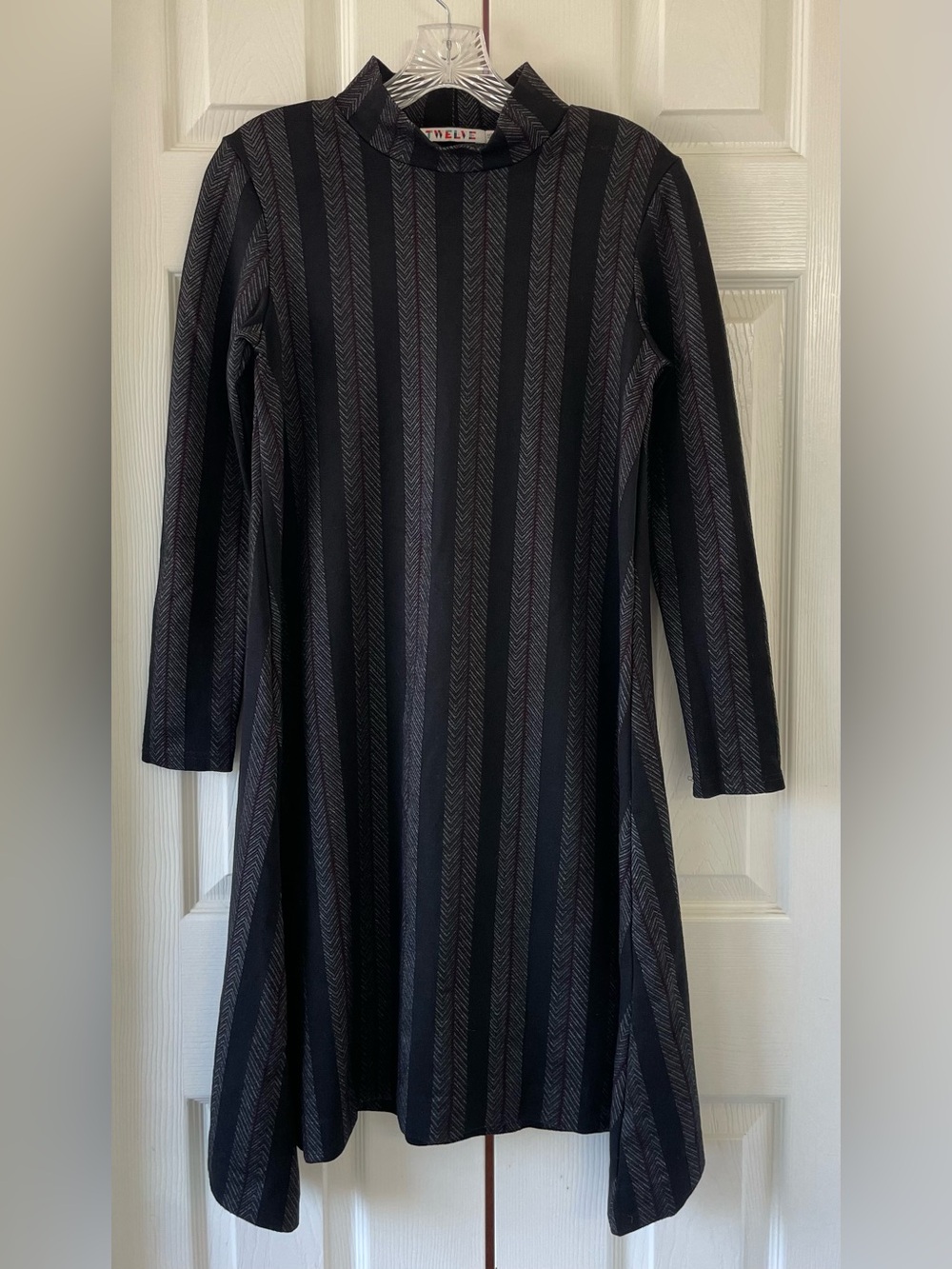 TWELVE Black Gray Herringbone Stripe Mock Neck A-Line Dress - Tagged 16 Fits S - Picture 2 of 6